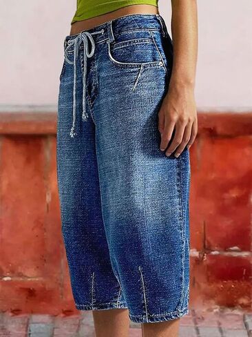Flamingals Bermuda Shorts for Women Barrel Drawstring Mid Rise Casual Chic Wash Stitch Detail Denim Shorts in Saudi Arabia