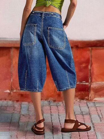 Flamingals Bermuda Shorts for Women Barrel Drawstring Mid Rise Casual Chic Wash Stitch Detail Denim Shorts in Saudi Arabia