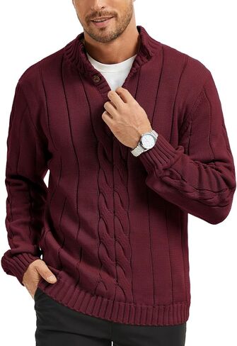Men's Henley Neck Cable-Knit Sweater Fashion Casual Plain Pullover with Button Closure in Saudi Arabia
