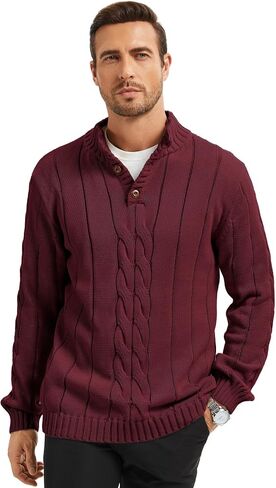 Men's Henley Neck Cable-Knit Sweater Fashion Casual Plain Pullover with Button Closure in Saudi Arabia
