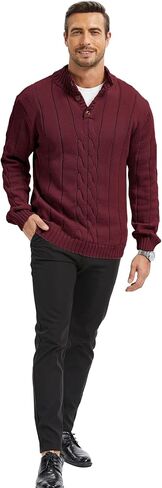 Men's Henley Neck Cable-Knit Sweater Fashion Casual Plain Pullover with Button Closure in Saudi Arabia