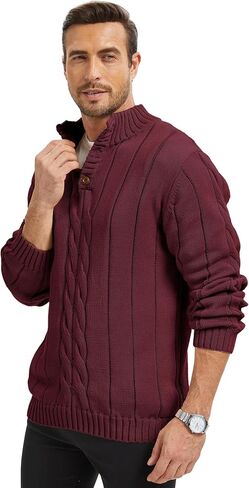 Men's Henley Neck Cable-Knit Sweater Fashion Casual Plain Pullover with Button Closure in Saudi Arabia