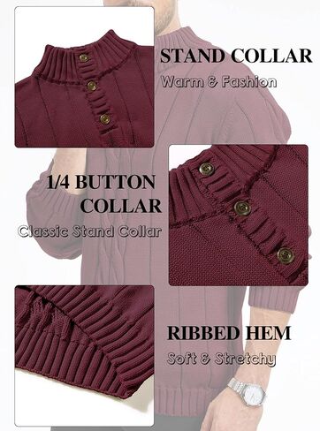 Men's Henley Neck Cable-Knit Sweater Fashion Casual Plain Pullover with Button Closure in Saudi Arabia