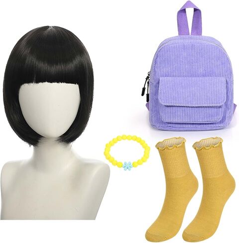 4Pack Halloween Cartoon Animated Traveler Cosplay Accessories Set Including Black Short Straight Bob Wig Yellow Socks Bracelet Backpack for Women in Saudi Arabia