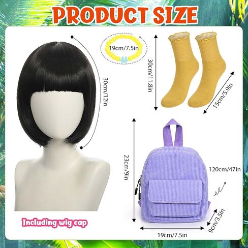 4Pack Halloween Cartoon Animated Traveler Cosplay Accessories Set Including Black Short Straight Bob Wig Yellow Socks Bracelet Backpack for Women in Saudi Arabia