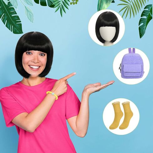4Pack Halloween Cartoon Animated Traveler Cosplay Accessories Set Including Black Short Straight Bob Wig Yellow Socks Bracelet Backpack for Women in Saudi Arabia