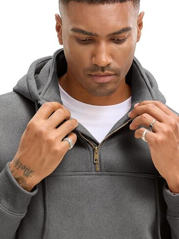 سويت شيرت بغطاء للرأس بسحاب ربع للرجال من القطن والصوف بأكمام طويلة مع جيوب in Kuwait