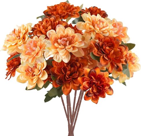 6Pcs Artificial Fall Flowers, 18 Heads Silk Fake Mums Flowers Faux Chrysanthemum Orange Flowers for Home Fireplace Table Centerpieces Flower Arrangement Fall Decor (Rust+Champagne) in Kuwait