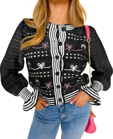 Saodimallsu Womens Cropped Cardigan Striped Puff Ruffle Sleeve Cute Graphic Button Bow Knitted Sweater Outerwear in Saudi Arabia