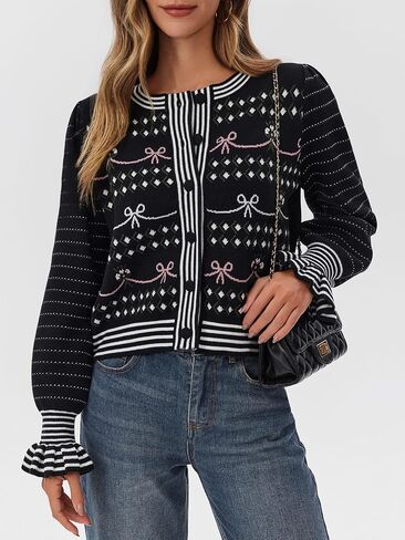 Saodimallsu Womens Cropped Cardigan Striped Puff Ruffle Sleeve Cute Graphic Button Bow Knitted Sweater Outerwear in Saudi Arabia