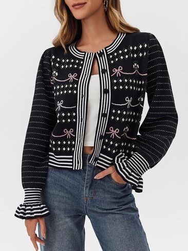 Saodimallsu Womens Cropped Cardigan Striped Puff Ruffle Sleeve Cute Graphic Button Bow Knitted Sweater Outerwear in Saudi Arabia