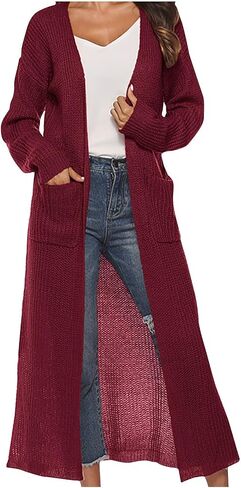 Women's Long Knit Cardigan Sweater Open Front Cardigan Side Slit Above Ankle Length Cardigans with Pockets Fall Coat in Kuwait