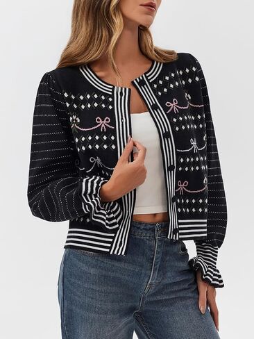 Saodimallsu Womens Cropped Cardigan Striped Puff Ruffle Sleeve Cute Graphic Button Bow Knitted Sweater Outerwear in Saudi Arabia