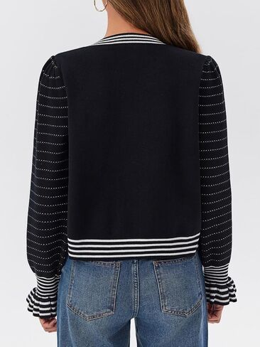 Saodimallsu Womens Cropped Cardigan Striped Puff Ruffle Sleeve Cute Graphic Button Bow Knitted Sweater Outerwear in Saudi Arabia