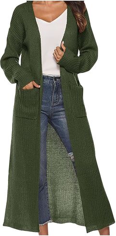 Women's Long Knit Cardigan Sweater Open Front Cardigan Side Slit Above Ankle Length Cardigans with Pockets Fall Coat in Kuwait