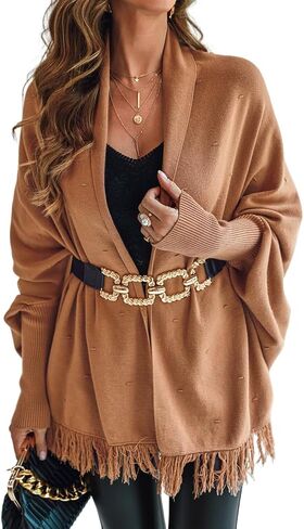 CHICME Solid Poncho Shawl Wraps 2025 Knitted Poncho Cardigan Warm Long Sleeve Cozy Versatile Fringe Sweater Cardigan in Saudi Arabia