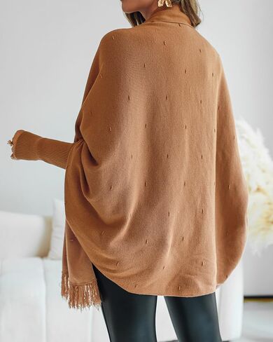 CHICME Solid Poncho Shawl Wraps 2025 Knitted Poncho Cardigan Warm Long Sleeve Cozy Versatile Fringe Sweater Cardigan in Saudi Arabia