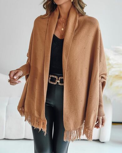 CHICME Solid Poncho Shawl Wraps 2025 Knitted Poncho Cardigan Warm Long Sleeve Cozy Versatile Fringe Sweater Cardigan in Saudi Arabia