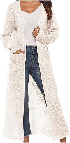 Women's Long Knit Cardigan Sweater Open Front Cardigan Side Slit Above Ankle Length Cardigans with Pockets Fall Coat in Kuwait