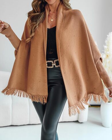 CHICME Solid Poncho Shawl Wraps 2025 Knitted Poncho Cardigan Warm Long Sleeve Cozy Versatile Fringe Sweater Cardigan in Saudi Arabia