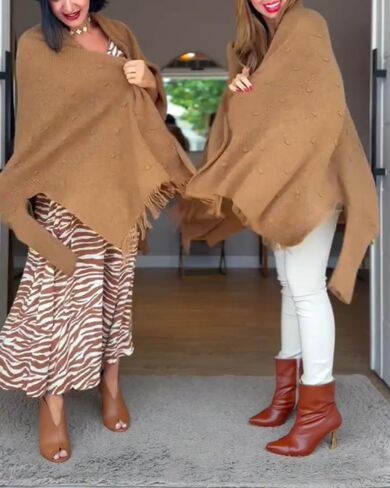 CHICME Solid Poncho Shawl Wraps 2025 Knitted Poncho Cardigan Warm Long Sleeve Cozy Versatile Fringe Sweater Cardigan in Saudi Arabia