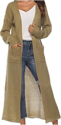 Women's Long Knit Cardigan Sweater Open Front Cardigan Side Slit Above Ankle Length Cardigans with Pockets Fall Coat in Kuwait