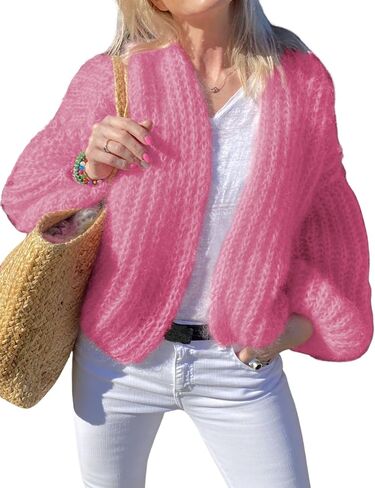 QIBABU Womens Chunky Knit Cardigan Sweater Casual Cropped Open Front Lantern Sleeve Knitwear Coat in Saudi Arabia