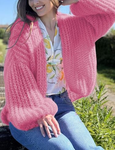 QIBABU Womens Chunky Knit Cardigan Sweater Casual Cropped Open Front Lantern Sleeve Knitwear Coat in Saudi Arabia