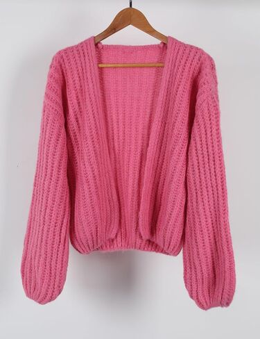 QIBABU Womens Chunky Knit Cardigan Sweater Casual Cropped Open Front Lantern Sleeve Knitwear Coat in Saudi Arabia