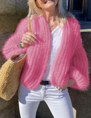 QIBABU Womens Chunky Knit Cardigan Sweater Casual Cropped Open Front Lantern Sleeve Knitwear Coat in Saudi Arabia