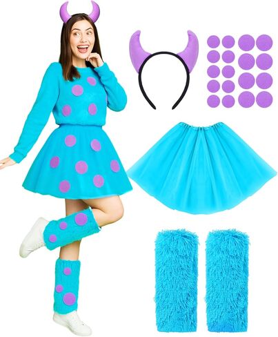 Mepase 4 Pcs Halloween Blue Furry Monster Costume for Adult Women with Tutu Skirt Leg Covers Horn Headband Purple Adhesive Felt Circles in Saudi Arabia