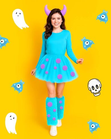 Mepase 4 Pcs Halloween Blue Furry Monster Costume for Adult Women with Tutu Skirt Leg Covers Horn Headband Purple Adhesive Felt Circles in Saudi Arabia