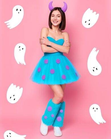 Mepase 4 Pcs Halloween Blue Furry Monster Costume for Adult Women with Tutu Skirt Leg Covers Horn Headband Purple Adhesive Felt Circles in Saudi Arabia