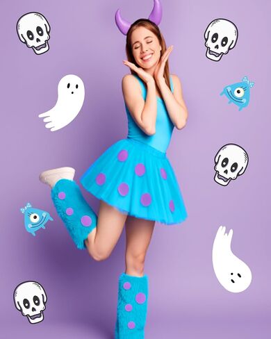 Mepase 4 Pcs Halloween Blue Furry Monster Costume for Adult Women with Tutu Skirt Leg Covers Horn Headband Purple Adhesive Felt Circles in Saudi Arabia