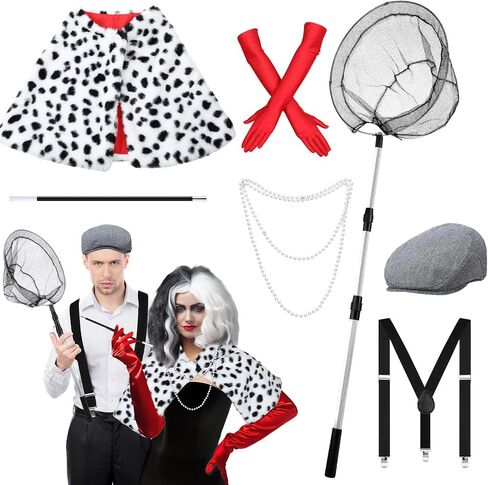 7 Pcs Halloween Dalmatian Costume and Catcher Accessories Shawl Red Gloves Pearl Necklace Hat Holder Suspender Fishing Net for Halloween Adults Couple Cosplay Party in Saudi Arabia