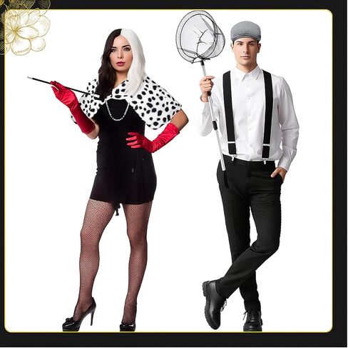 7 Pcs Halloween Dalmatian Costume and Catcher Accessories Shawl Red Gloves Pearl Necklace Hat Holder Suspender Fishing Net for Halloween Adults Couple Cosplay Party in Saudi Arabia