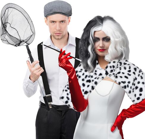 7 Pcs Halloween Dalmatian Costume and Catcher Accessories Shawl Red Gloves Pearl Necklace Hat Holder Suspender Fishing Net for Halloween Adults Couple Cosplay Party in Saudi Arabia