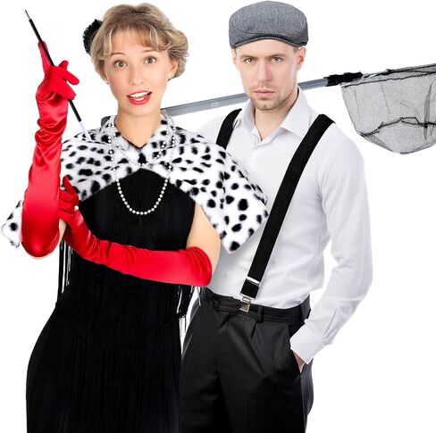7 Pcs Halloween Dalmatian Costume and Catcher Accessories Shawl Red Gloves Pearl Necklace Hat Holder Suspender Fishing Net for Halloween Adults Couple Cosplay Party in Saudi Arabia
