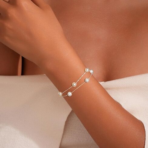 Dainty Pearl Zirconia Layered Bracelet for Women S925 Sterling Silver Pearl Crystal Beaded Bracelet to Daughter Mother Adjustable Link Chain Bracelets Birthday Wedding Jewelry Gifts in Saudi Arabia