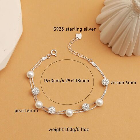 Dainty Pearl Zirconia Layered Bracelet for Women S925 Sterling Silver Pearl Crystal Beaded Bracelet to Daughter Mother Adjustable Link Chain Bracelets Birthday Wedding Jewelry Gifts in Saudi Arabia