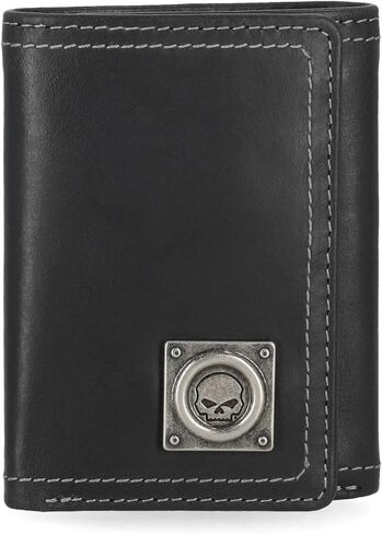 Harley-Davidson Men's Skull Stitch Tri-Fold Genuine Leather Wallet, Black in Saudi Arabia