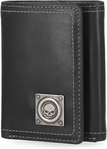 Harley-Davidson Men's Skull Stitch Tri-Fold Genuine Leather Wallet, Black in Saudi Arabia