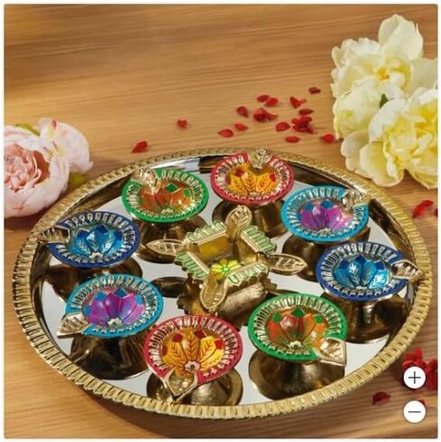 Diwali Diya Set, 10 Pieces, Decorative Brass Bowls with Colorful Designs in Saudi Arabia