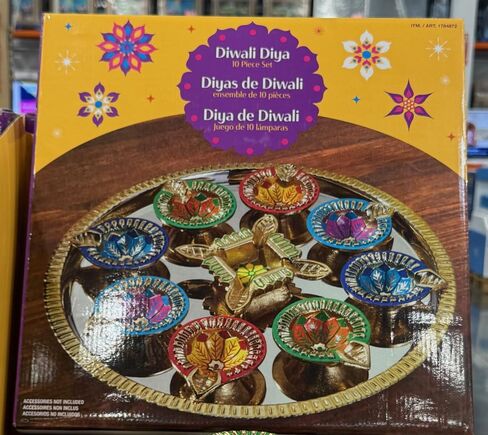Diwali Diya Set, 10 Pieces, Decorative Brass Bowls with Colorful Designs in Saudi Arabia