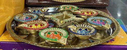 Diwali Diya Set, 10 Pieces, Decorative Brass Bowls with Colorful Designs in Saudi Arabia