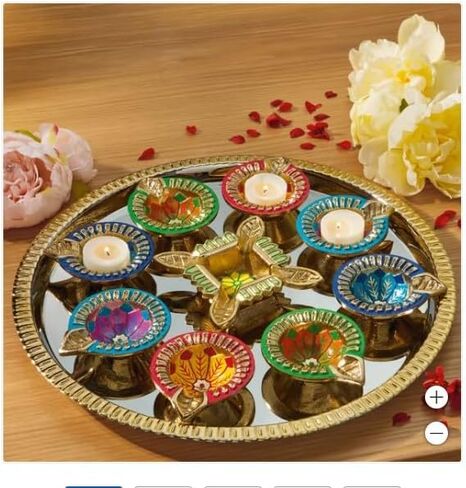 Diwali Diya Set, 10 Pieces, Decorative Brass Bowls with Colorful Designs in Saudi Arabia