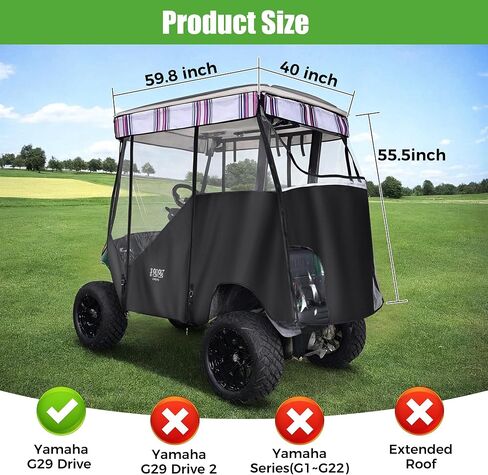 حاوية قيادة عربة الجولف 2 تناسب الركاب Yamaha G14 G16 G22 G29 Drive and Drive 2، غطاء المطر لعربة الجولف مع زجاج أمامي شفاف قابل للطي، فتحات مرآة جانبية، حاوية قماش أكسفورد مقاومة للماء in Kuwait