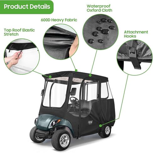 حاوية قيادة عربة الجولف 2 تناسب الركاب Yamaha G14 G16 G22 G29 Drive and Drive 2، غطاء المطر لعربة الجولف مع زجاج أمامي شفاف قابل للطي، فتحات مرآة جانبية، حاوية قماش أكسفورد مقاومة للماء in Kuwait