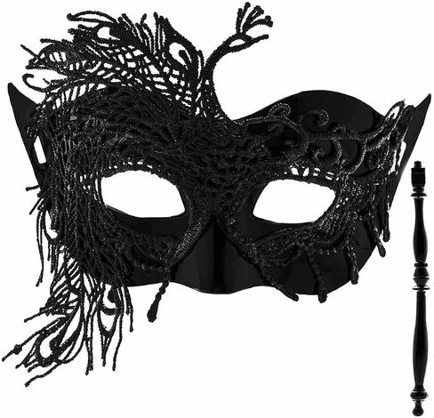 Yokawe Black Masquerade Mask with Stick Lace Handheld Ball Masks Mardi Gras Costume for Women in Saudi Arabia