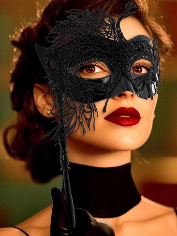 Yokawe Black Masquerade Mask with Stick Lace Handheld Ball Masks Mardi Gras Costume for Women in Saudi Arabia